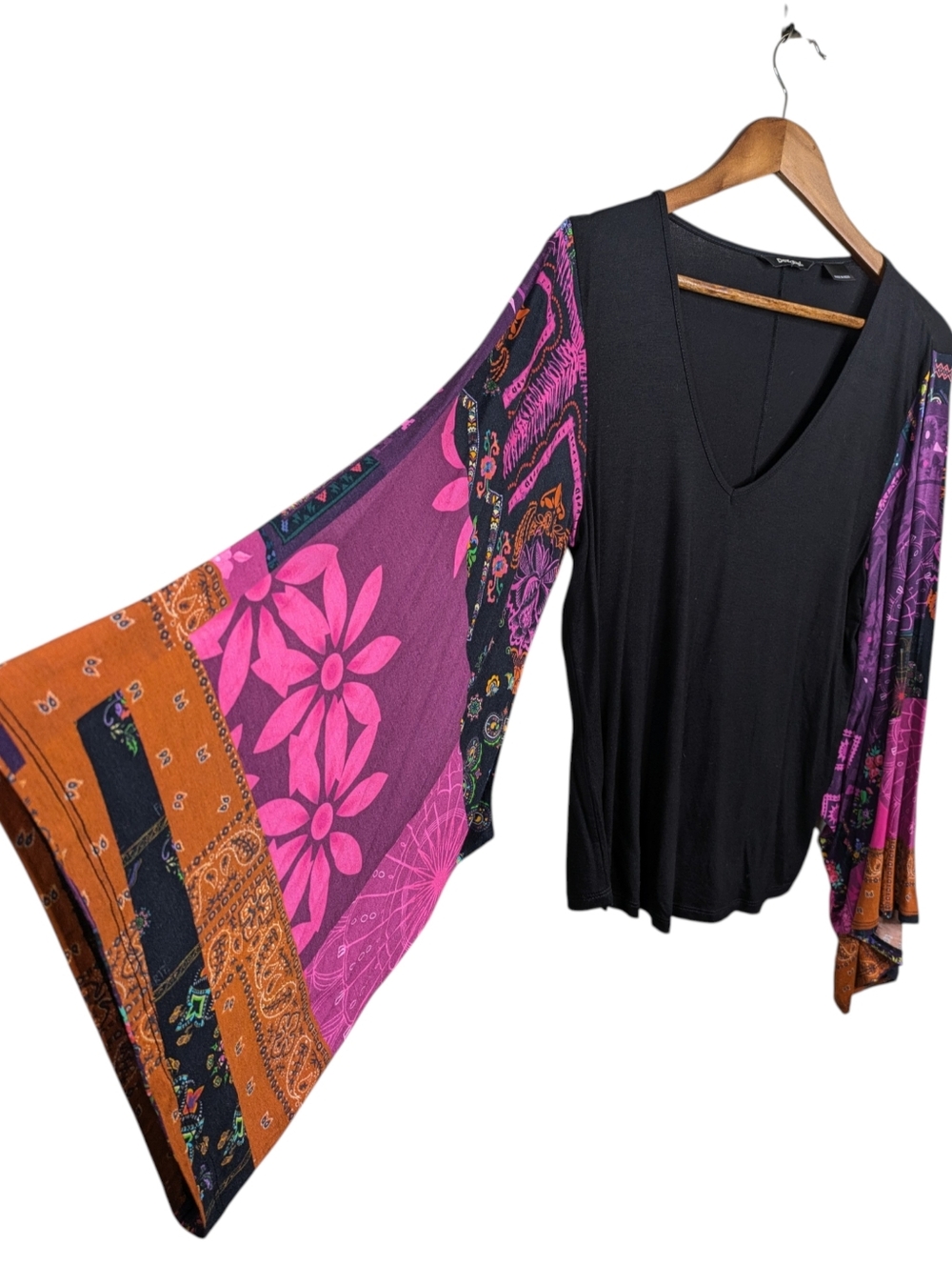 Desigual Moments Top Large Black Patch Print Floral Flared Sleeve Festival Boho - Picture 10 of 10